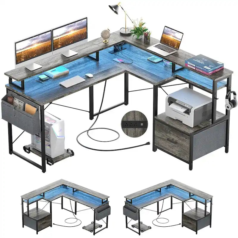 Bureau d'angle en forme de L avec tiroir de classement et support d'imprimante, bureau d'angle réversible pour ordinateur avec prise de courant et bande LED