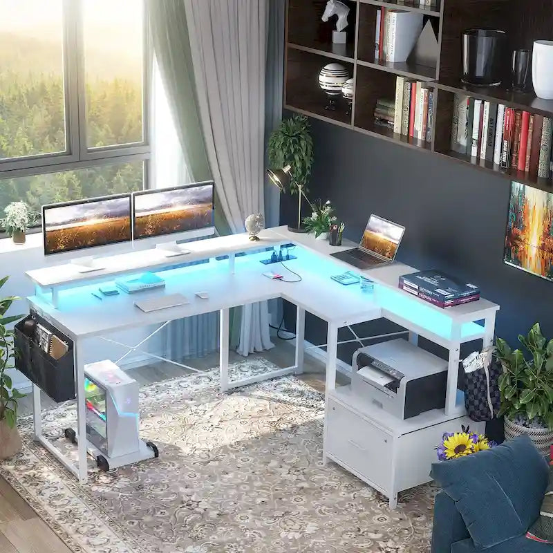 Bureau d'angle en forme de L avec tiroir de classement et support d'imprimante, bureau d'angle réversible pour ordinateur avec prise de courant et bande LED