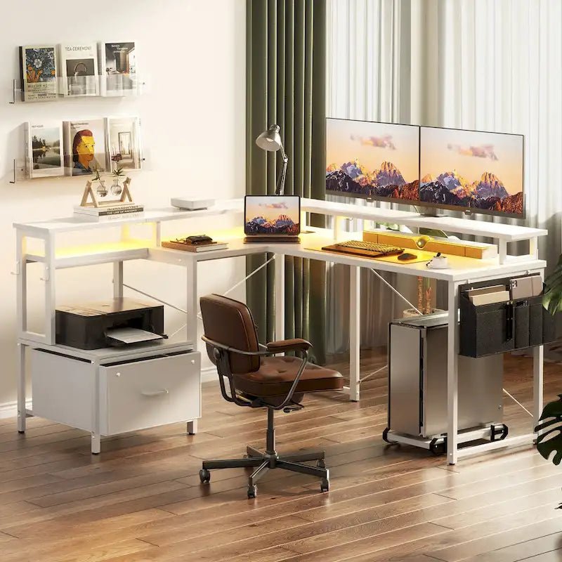 Bureau d'angle en forme de L avec tiroir de classement et support d'imprimante, bureau d'angle réversible pour ordinateur avec prise de courant et bande LED