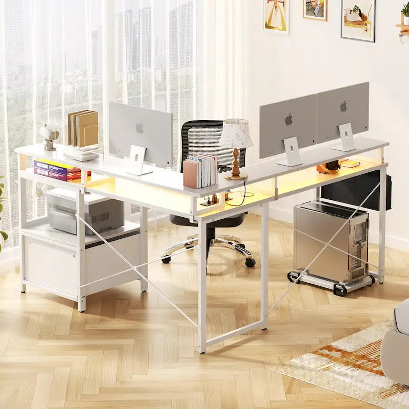 Bureau d'angle en forme de L avec tiroir de classement et support d'imprimante, bureau d'angle réversible pour ordinateur avec prise de courant et bande LED