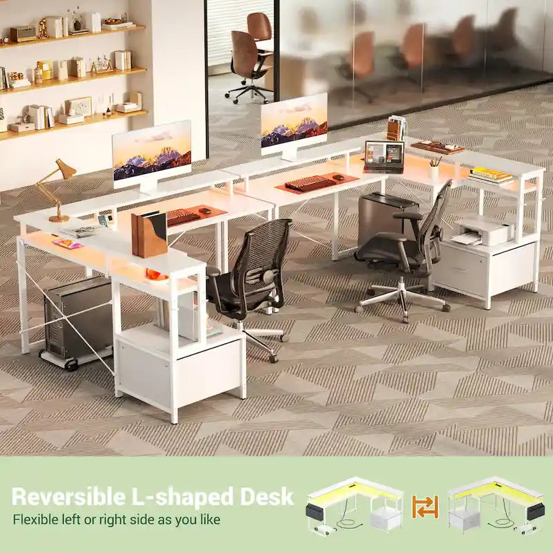 Bureau d'angle en forme de L avec tiroir de classement et support d'imprimante, bureau d'angle réversible pour ordinateur avec prise de courant et bande LED
