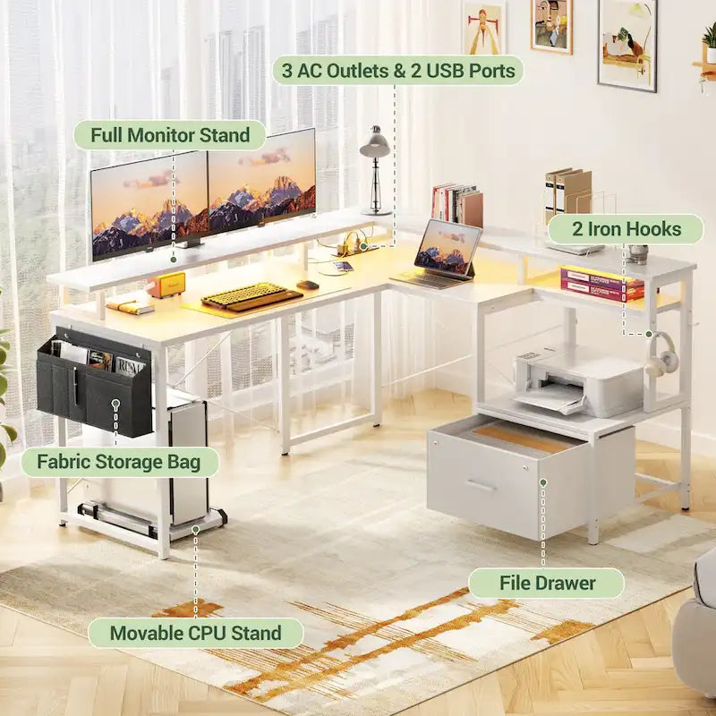 Bureau d'angle en forme de L avec tiroir de classement et support d'imprimante, bureau d'angle réversible pour ordinateur avec prise de courant et bande LED