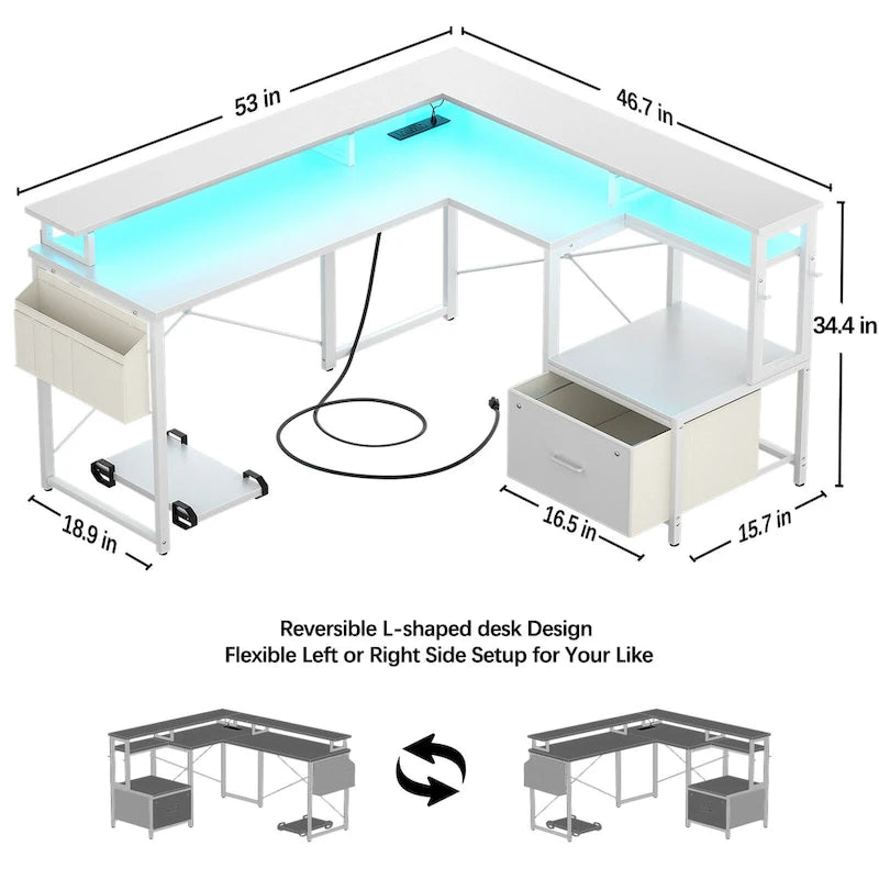 Bureau d'angle en forme de L avec tiroir de classement et support d'imprimante, bureau d'angle réversible pour ordinateur avec prise de courant et bande LED
