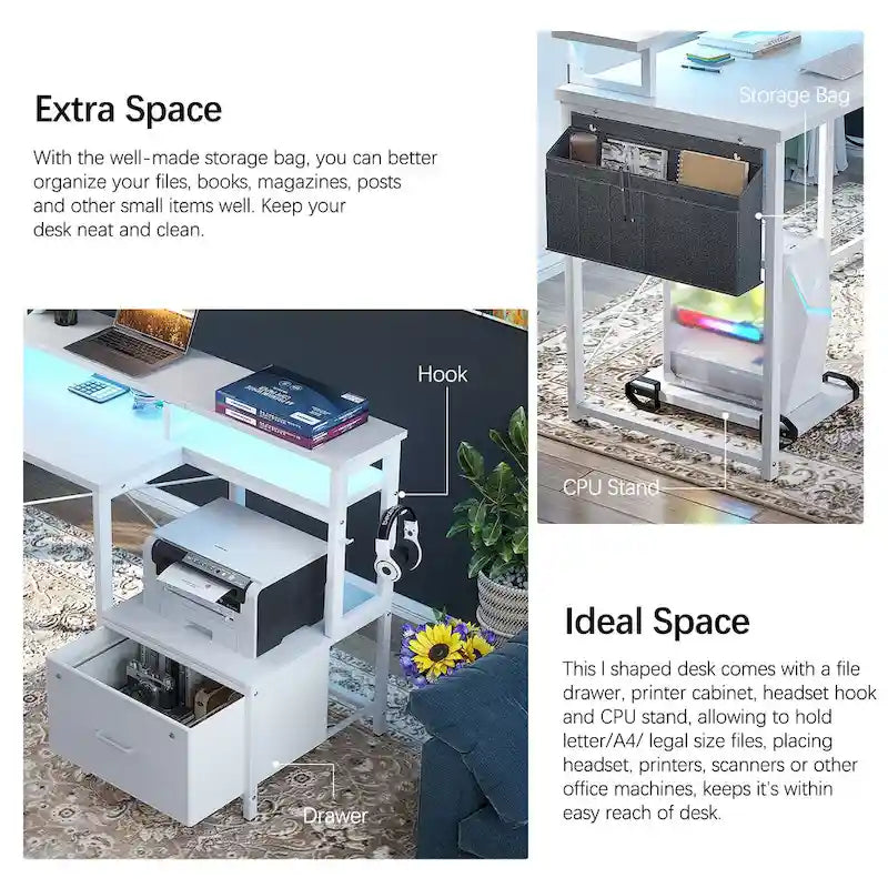 Bureau d'angle en forme de L avec tiroir de classement et support d'imprimante, bureau d'angle réversible pour ordinateur avec prise de courant et bande LED