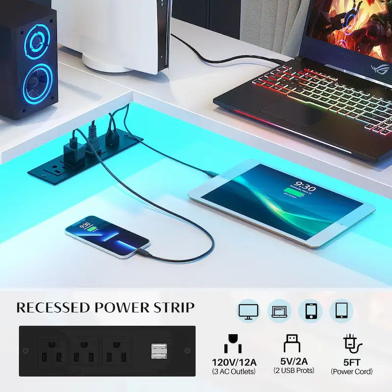 Bureau d'angle en forme de L avec tiroir de classement et support d'imprimante, bureau d'angle réversible pour ordinateur avec prise de courant et bande LED