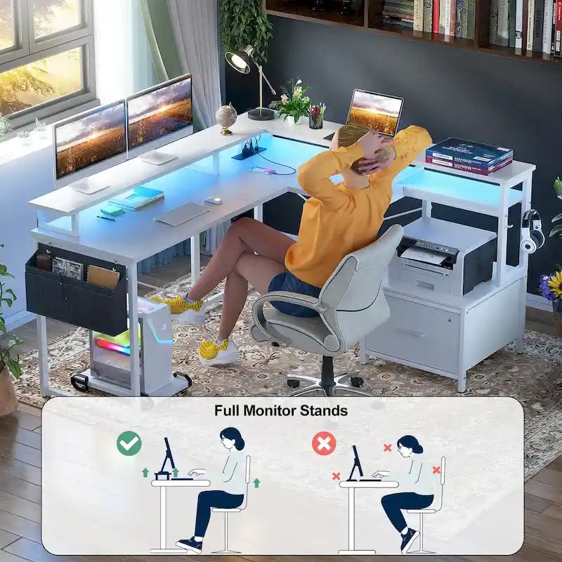 Bureau d'angle en forme de L avec tiroir de classement et support d'imprimante, bureau d'angle réversible pour ordinateur avec prise de courant et bande LED