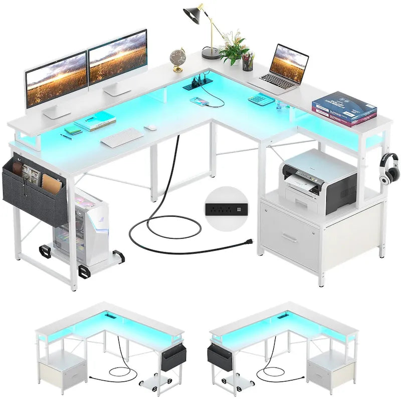 Bureau d'angle en forme de L avec tiroir de classement et support d'imprimante, bureau d'angle réversible pour ordinateur avec prise de courant et bande LED