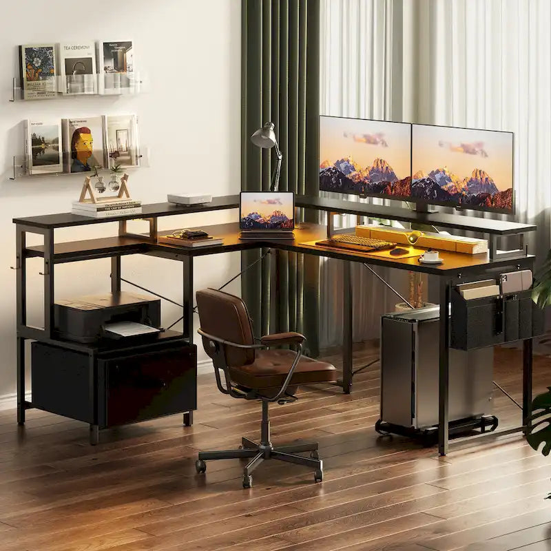 Bureau d'angle en forme de L avec tiroir de classement et support d'imprimante, bureau d'angle réversible pour ordinateur avec prise de courant et bande LED