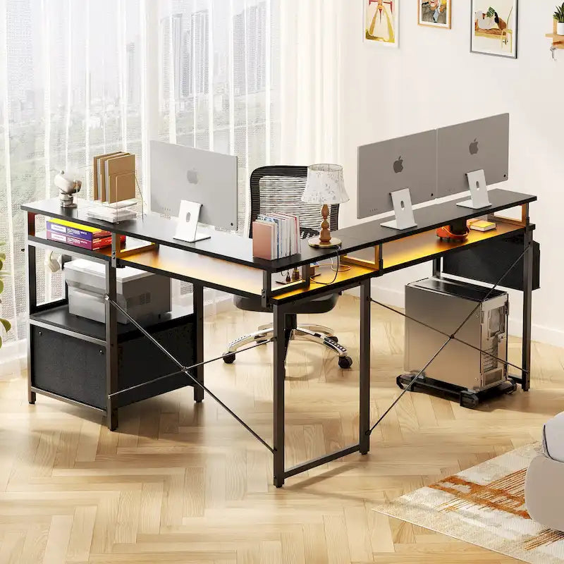 Bureau d'angle en forme de L avec tiroir de classement et support d'imprimante, bureau d'angle réversible pour ordinateur avec prise de courant et bande LED