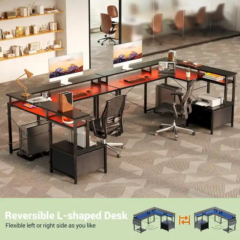 Bureau d'angle en forme de L avec tiroir de classement et support d'imprimante, bureau d'angle réversible pour ordinateur avec prise de courant et bande LED