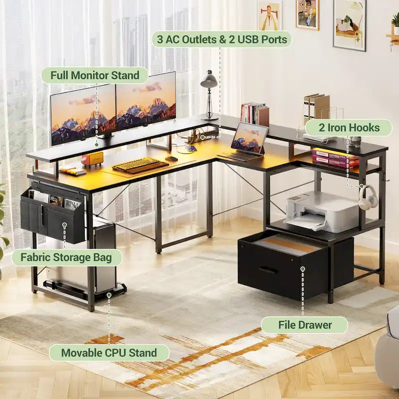 Bureau d'angle en forme de L avec tiroir de classement et support d'imprimante, bureau d'angle réversible pour ordinateur avec prise de courant et bande LED