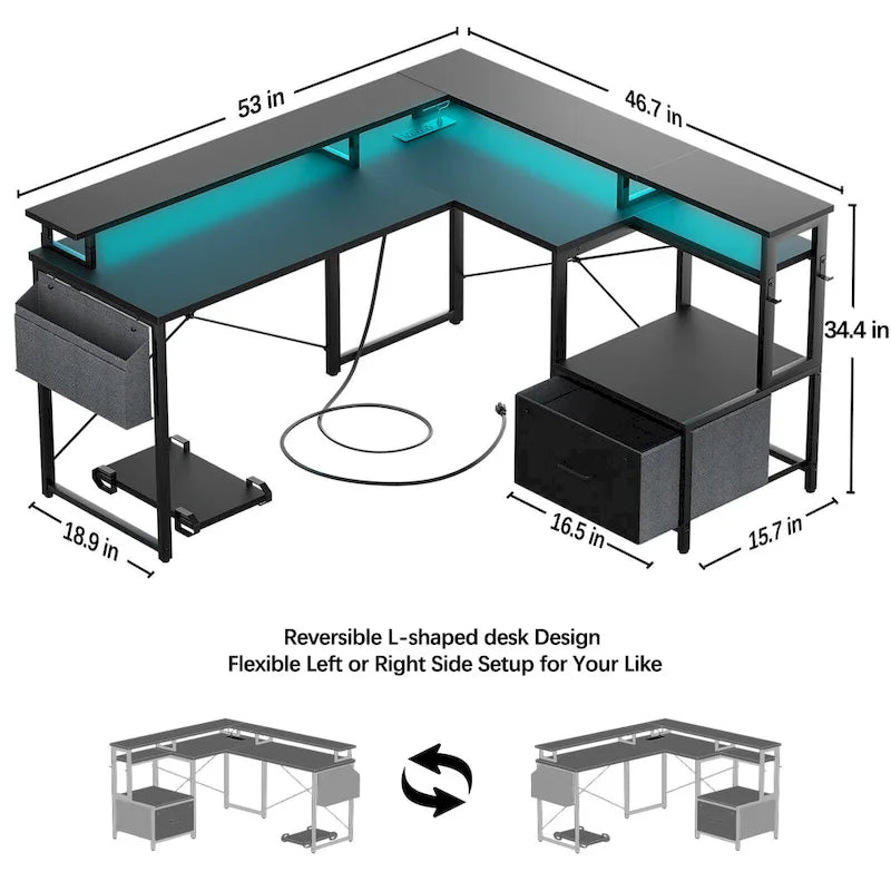 Bureau d'angle en forme de L avec tiroir de classement et support d'imprimante, bureau d'angle réversible pour ordinateur avec prise de courant et bande LED