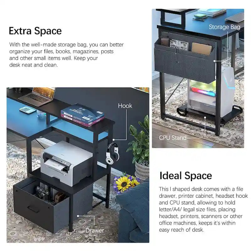 Bureau d'angle en forme de L avec tiroir de classement et support d'imprimante, bureau d'angle réversible pour ordinateur avec prise de courant et bande LED