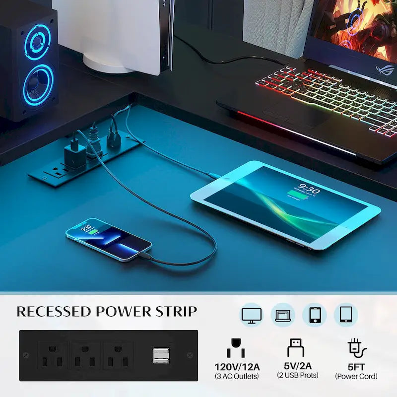 Bureau d'angle en forme de L avec tiroir de classement et support d'imprimante, bureau d'angle réversible pour ordinateur avec prise de courant et bande LED