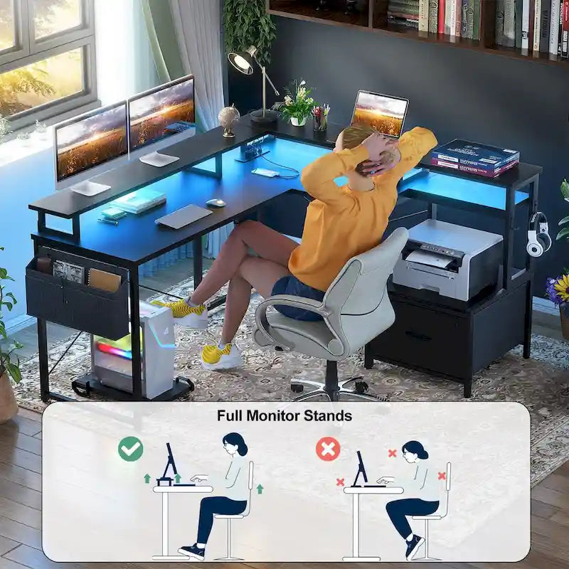 Bureau d'angle en forme de L avec tiroir de classement et support d'imprimante, bureau d'angle réversible pour ordinateur avec prise de courant et bande LED