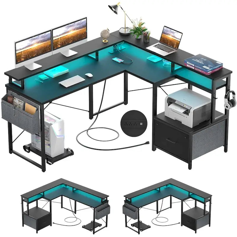 Bureau d'angle en forme de L avec tiroir de classement et support d'imprimante, bureau d'angle réversible pour ordinateur avec prise de courant et bande LED