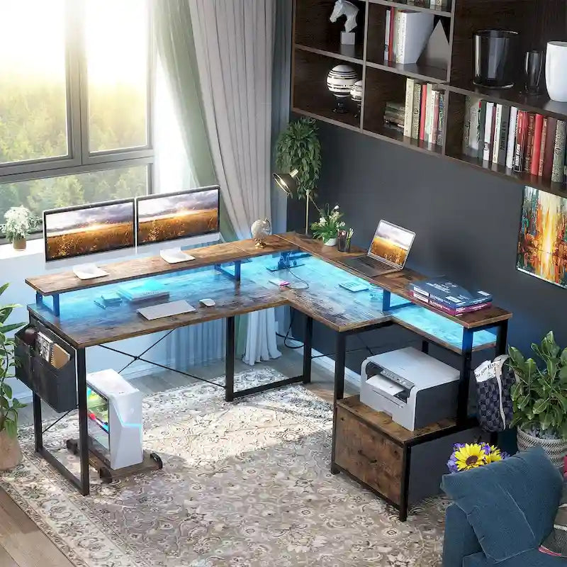 Bureau d'angle en forme de L avec tiroir de classement et support d'imprimante, bureau d'angle réversible pour ordinateur avec prise de courant et bande LED