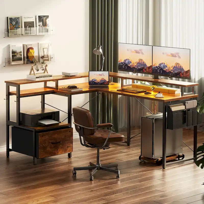 Bureau d'angle en forme de L avec tiroir de classement et support d'imprimante, bureau d'angle réversible pour ordinateur avec prise de courant et bande LED