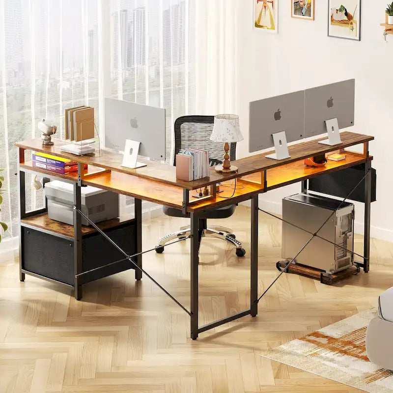 Bureau d'angle en forme de L avec tiroir de classement et support d'imprimante, bureau d'angle réversible pour ordinateur avec prise de courant et bande LED