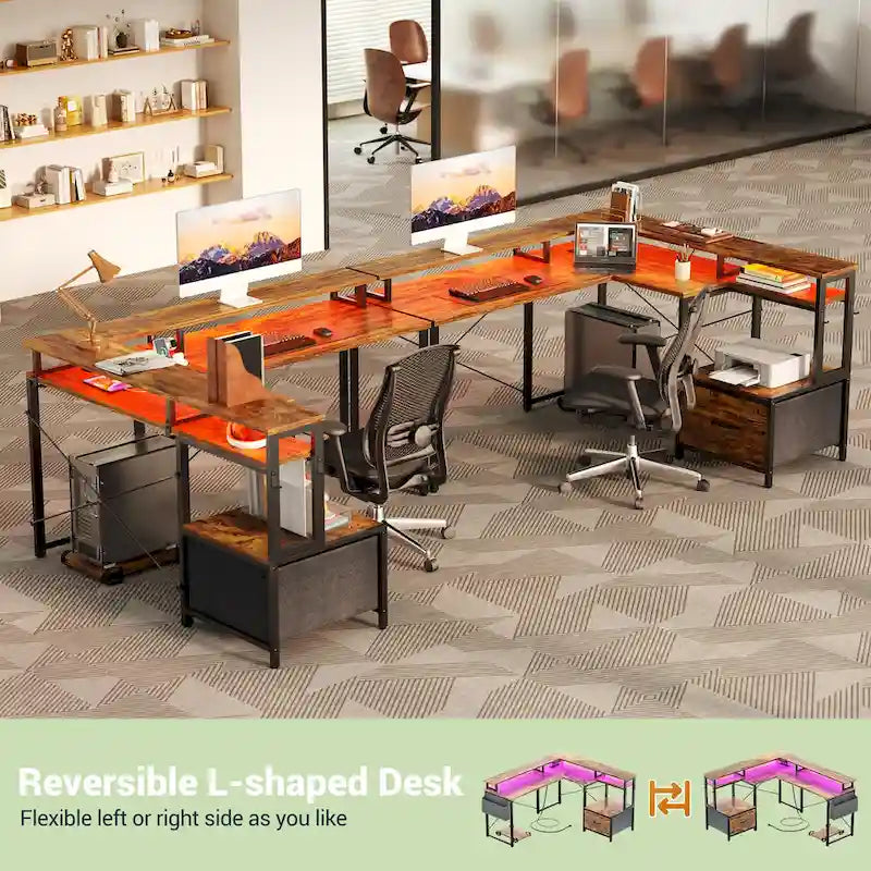 Bureau d'angle en forme de L avec tiroir de classement et support d'imprimante, bureau d'angle réversible pour ordinateur avec prise de courant et bande LED