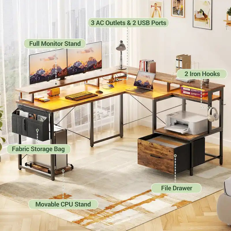 Bureau d'angle en forme de L avec tiroir de classement et support d'imprimante, bureau d'angle réversible pour ordinateur avec prise de courant et bande LED