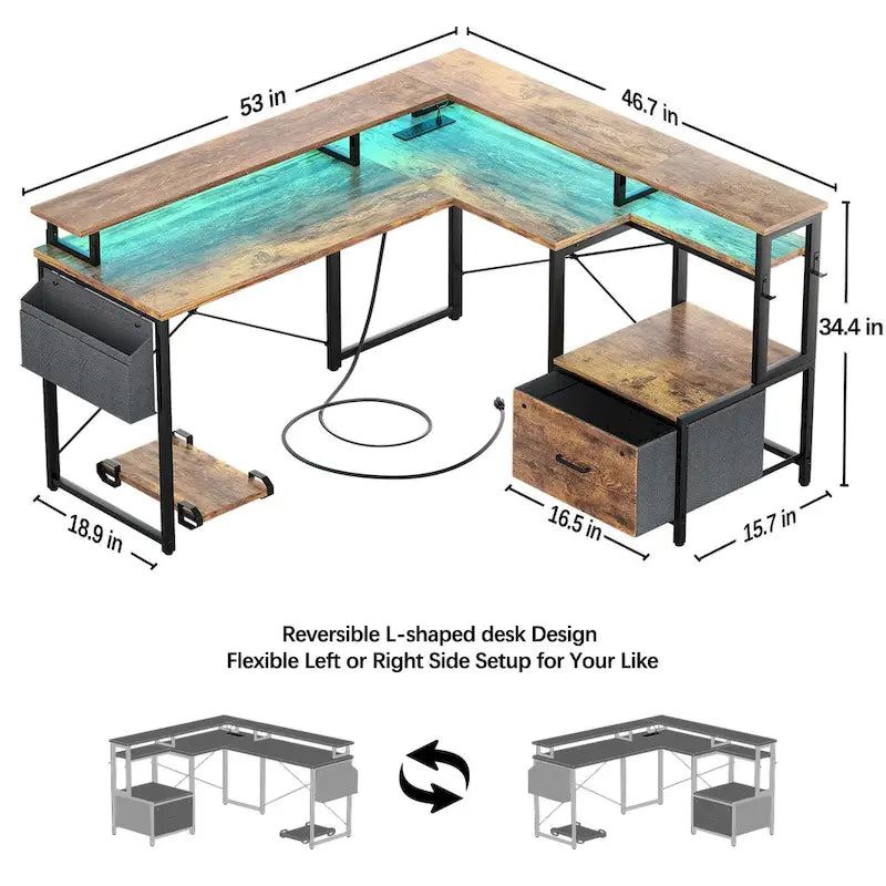 Bureau d'angle en forme de L avec tiroir de classement et support d'imprimante, bureau d'angle réversible pour ordinateur avec prise de courant et bande LED