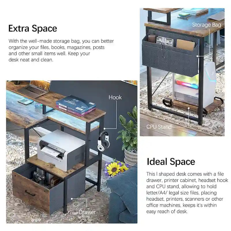 Bureau d'angle en forme de L avec tiroir de classement et support d'imprimante, bureau d'angle réversible pour ordinateur avec prise de courant et bande LED
