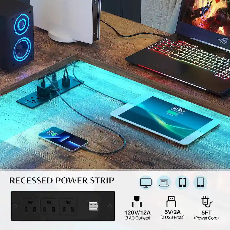 Bureau d'angle en forme de L avec tiroir de classement et support d'imprimante, bureau d'angle réversible pour ordinateur avec prise de courant et bande LED