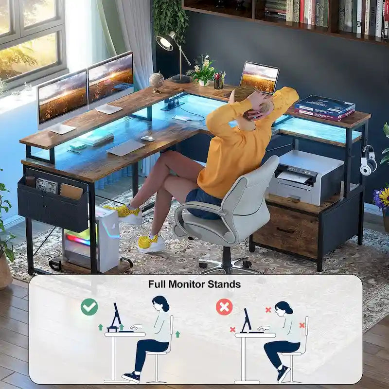 Bureau d'angle en forme de L avec tiroir de classement et support d'imprimante, bureau d'angle réversible pour ordinateur avec prise de courant et bande LED