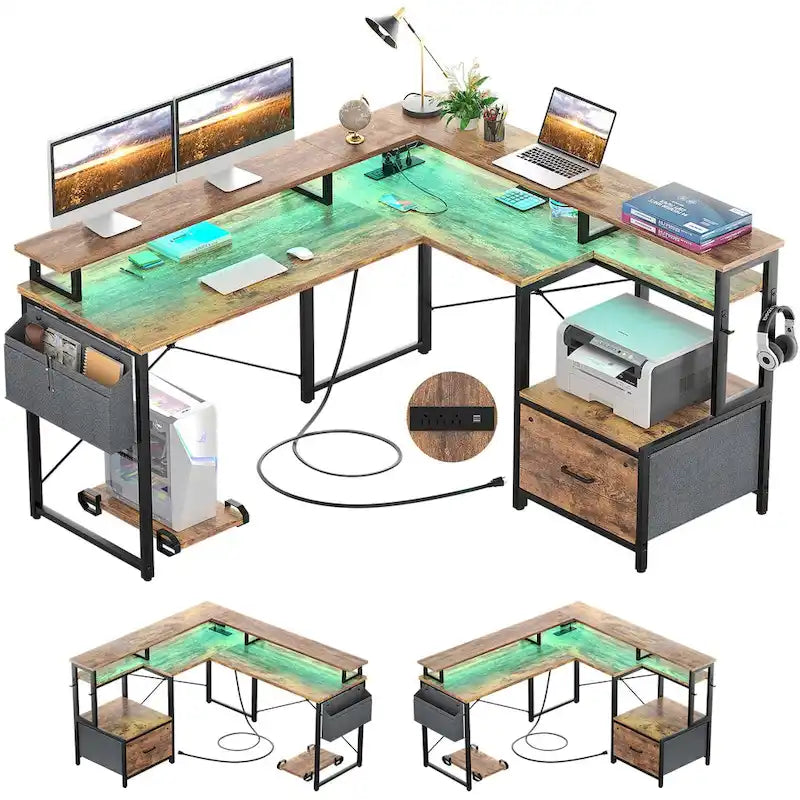 Bureau d'angle en forme de L avec tiroir de classement et support d'imprimante, bureau d'angle réversible pour ordinateur avec prise de courant et bande LED