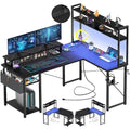 Bureau d'angle en forme de L style ferme avec prise de courant, table de jeu avec étagère et lumière LED