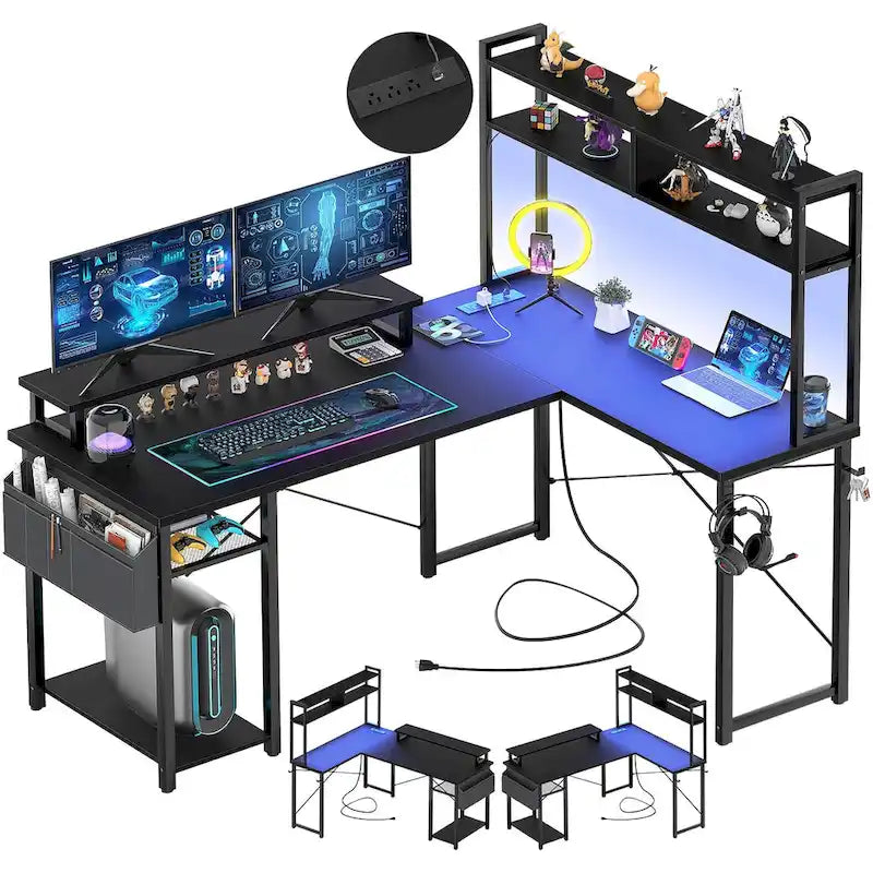 Bureau d'angle en forme de L style ferme avec prise de courant, table de jeu avec étagère et lumière LED