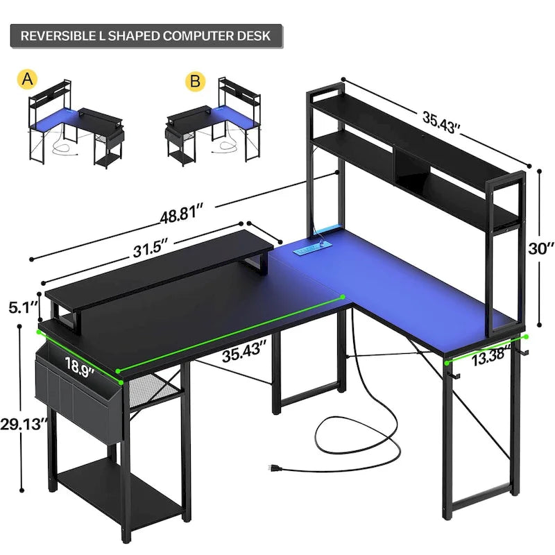 Bureau d'angle en forme de L style ferme avec prise de courant, table de jeu avec étagère et lumière LED