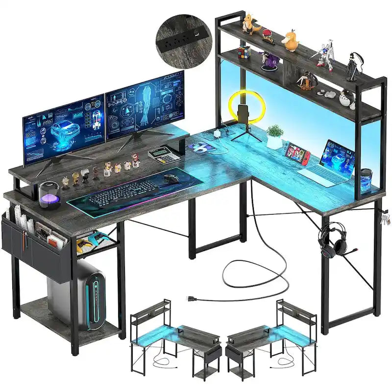 Bureau d'angle en forme de L style ferme avec prise de courant, table de jeu avec étagère et lumière LED