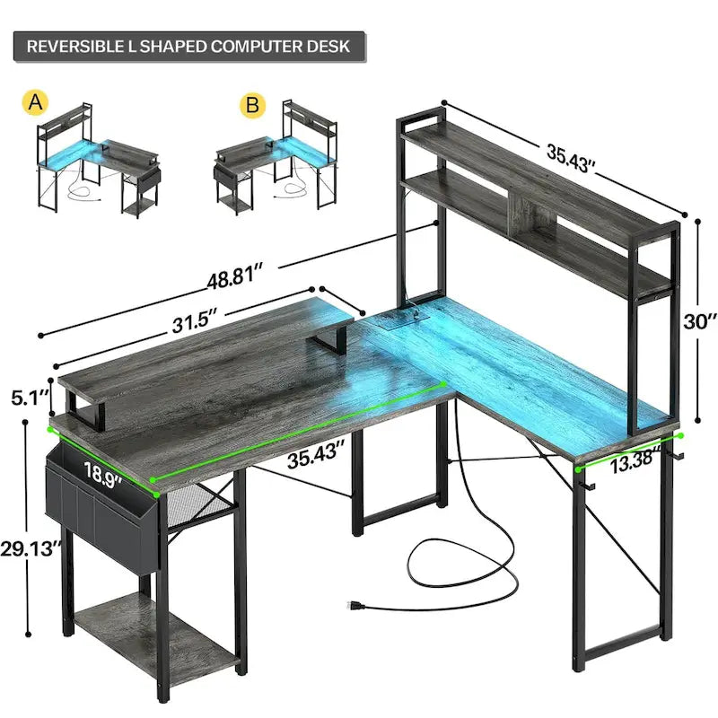 Bureau d'angle en forme de L style ferme avec prise de courant, table de jeu avec étagère et lumière LED
