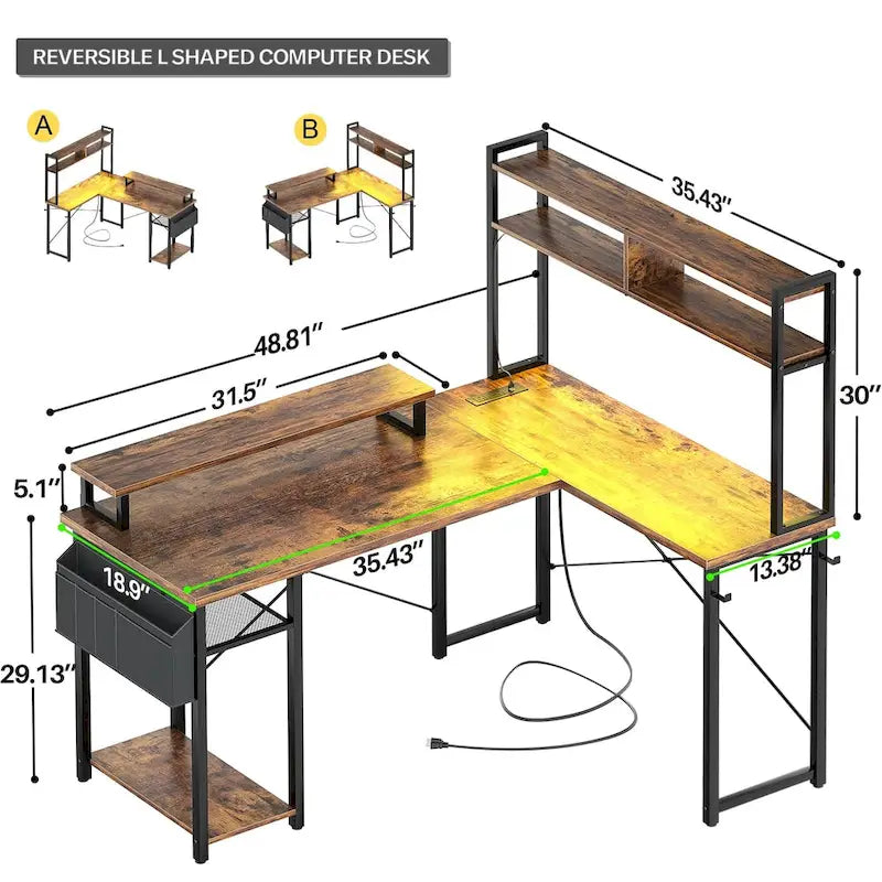 Bureau d'angle en forme de L style ferme avec prise de courant, table de jeu avec étagère et lumière LED