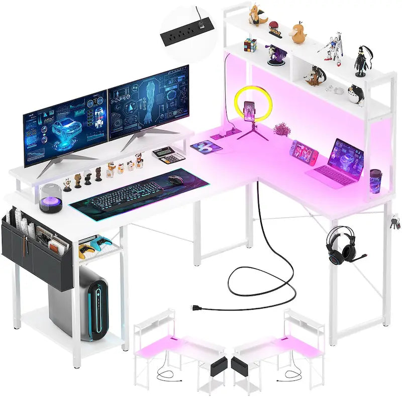 Bureau d'angle en forme de L style ferme avec prise de courant, table de jeu avec étagère et lumière LED