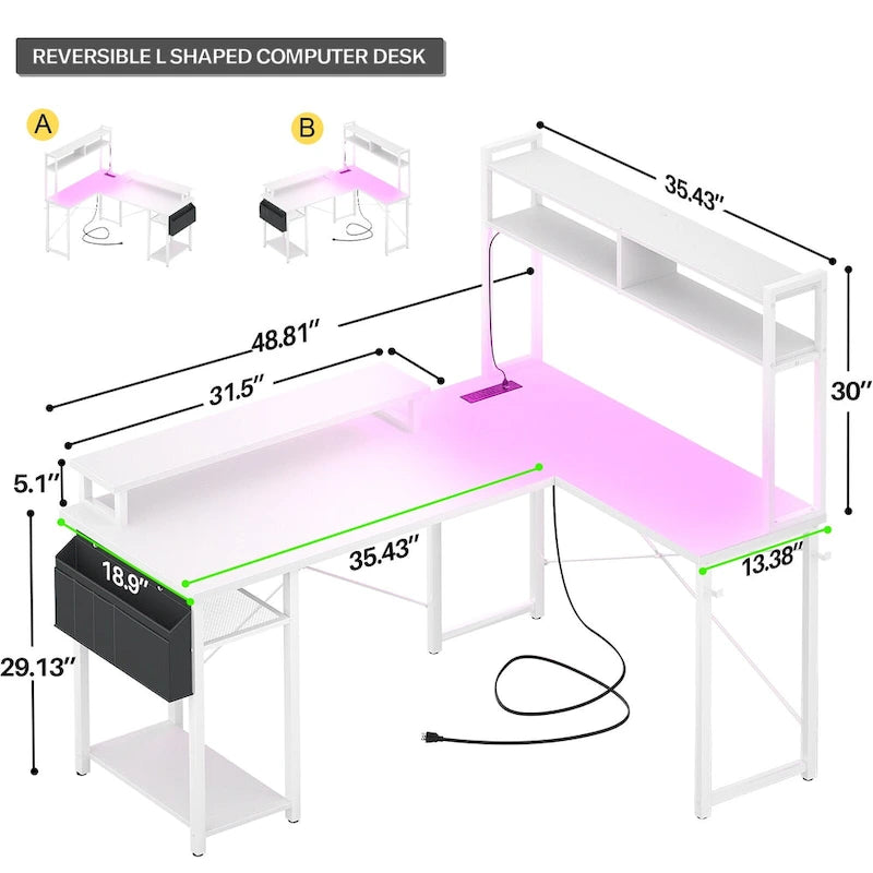 Bureau d'angle en forme de L style ferme avec prise de courant, table de jeu avec étagère et lumière LED