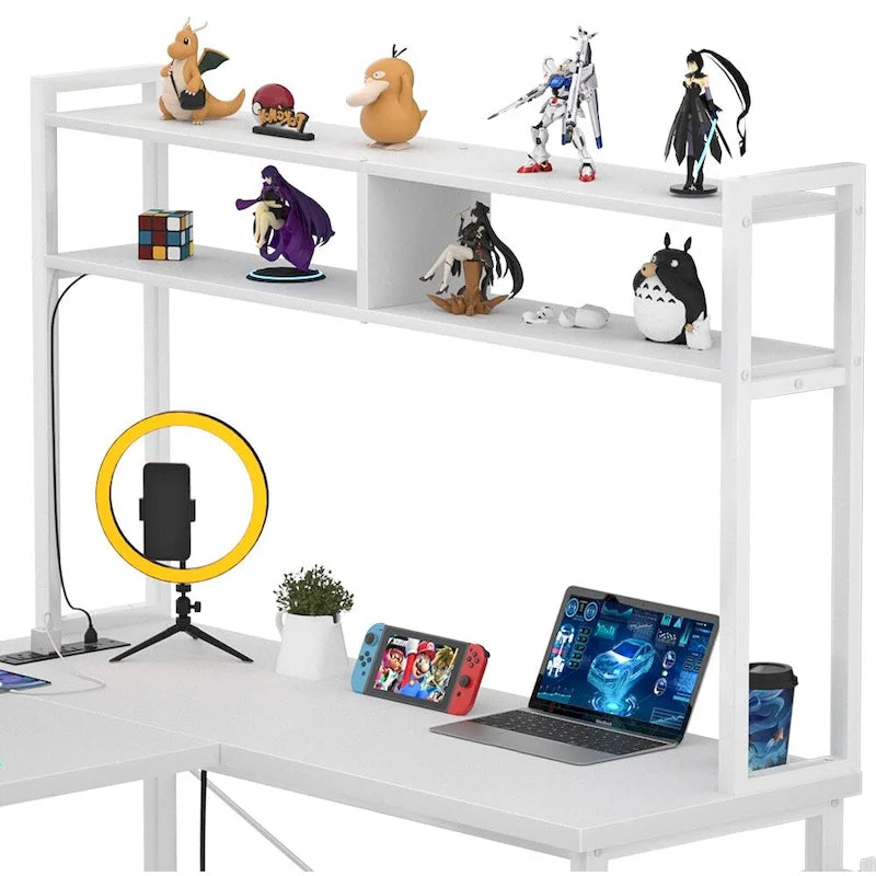 Bureau d'angle en forme de L style ferme avec prise de courant, table de jeu avec étagère et lumière LED