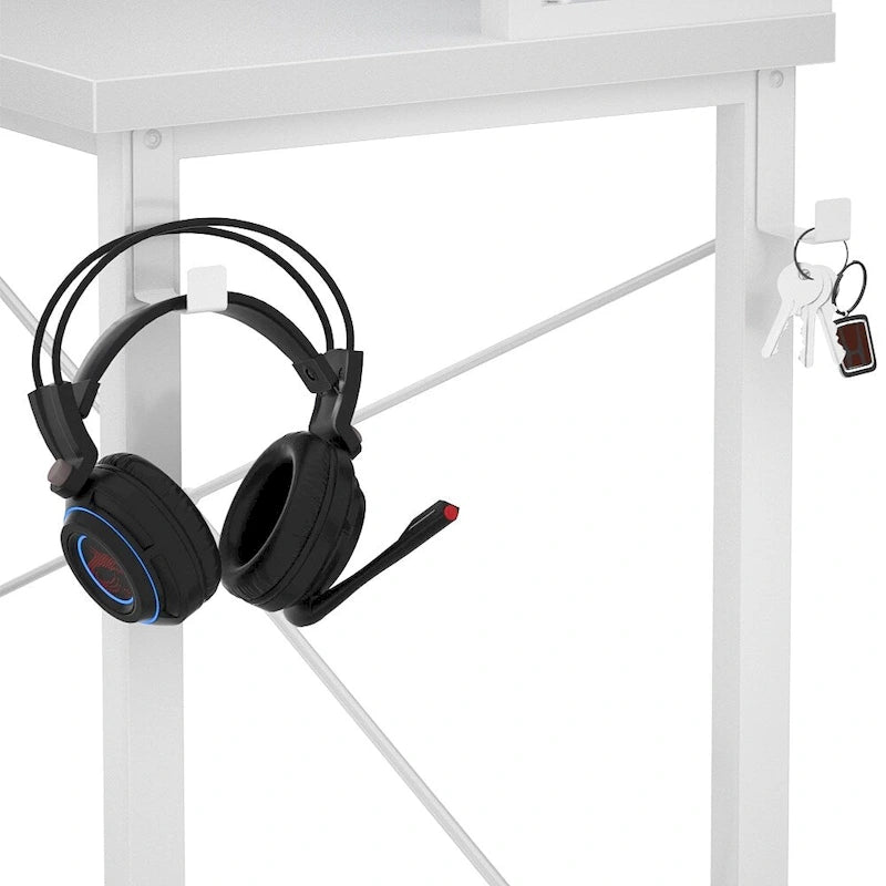 Bureau d'angle en forme de L style ferme avec prise de courant, table de jeu avec étagère et lumière LED
