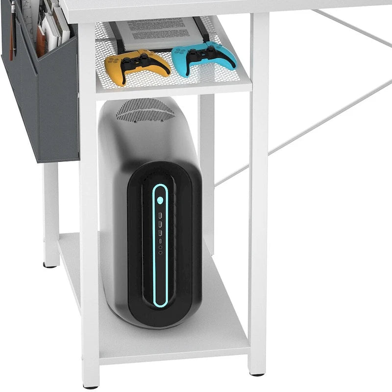 Bureau d'angle en forme de L style ferme avec prise de courant, table de jeu avec étagère et lumière LED
