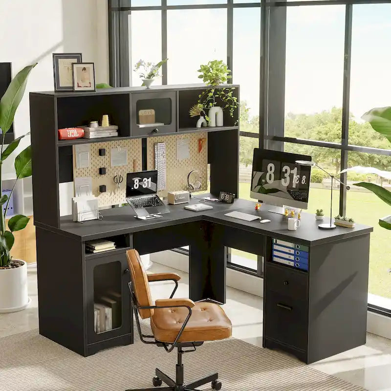 Bureau de direction en L avec caisson supérieur et station de charge