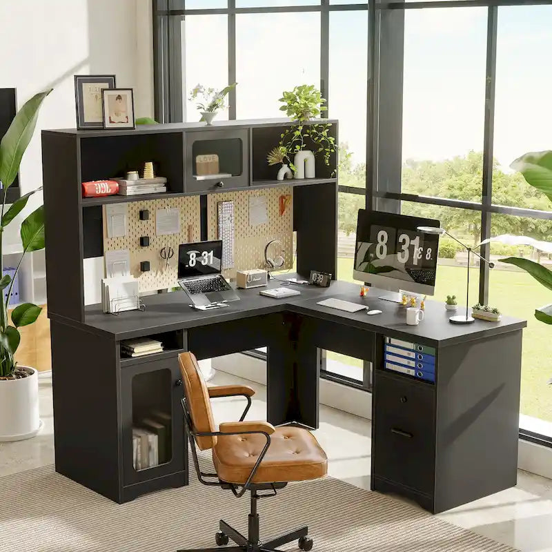 Bureau de direction en L avec caisson supérieur et station de charge
