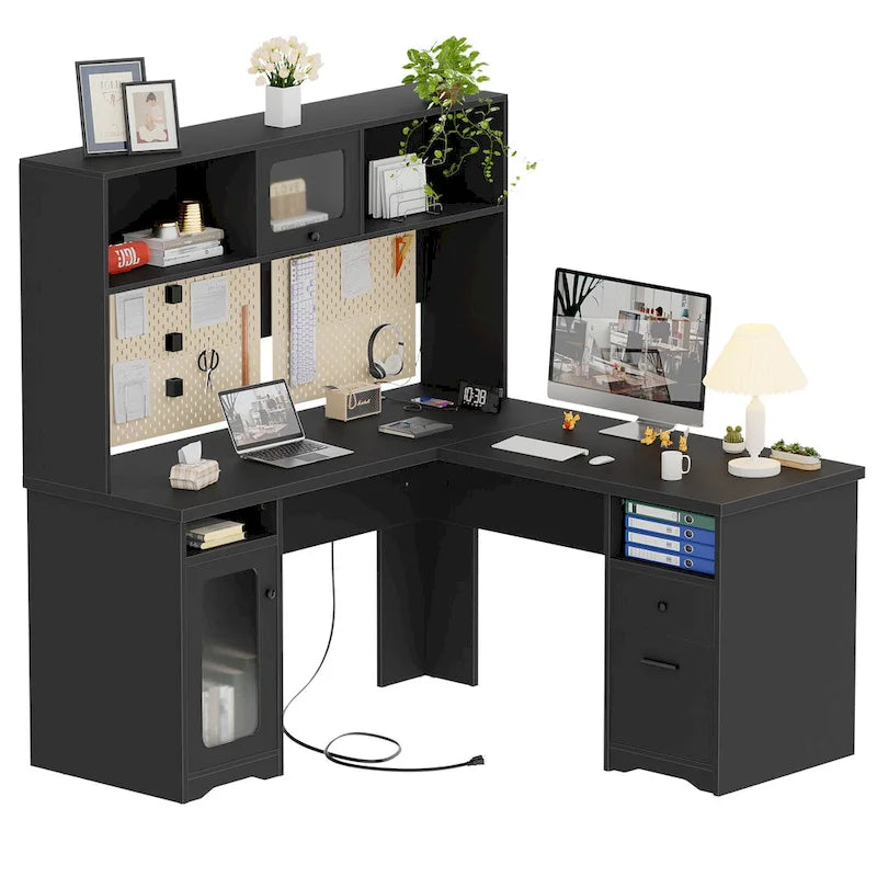 Bureau de direction en L avec caisson supérieur et station de charge