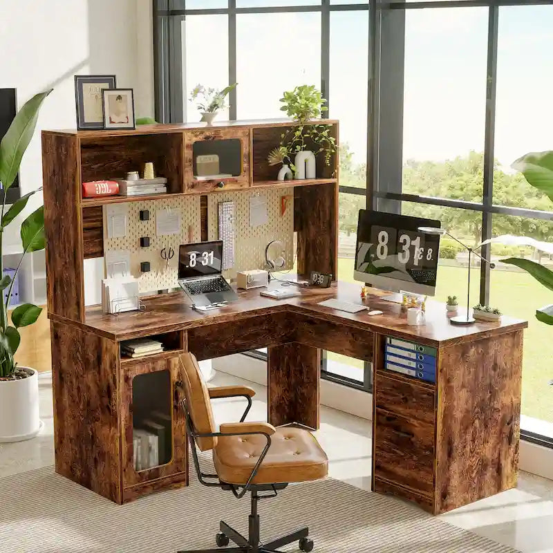 Bureau de direction en L avec caisson supérieur et station de charge