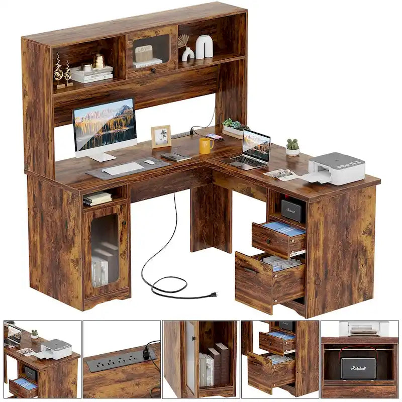 Bureau de direction en L avec caisson supérieur et station de charge
