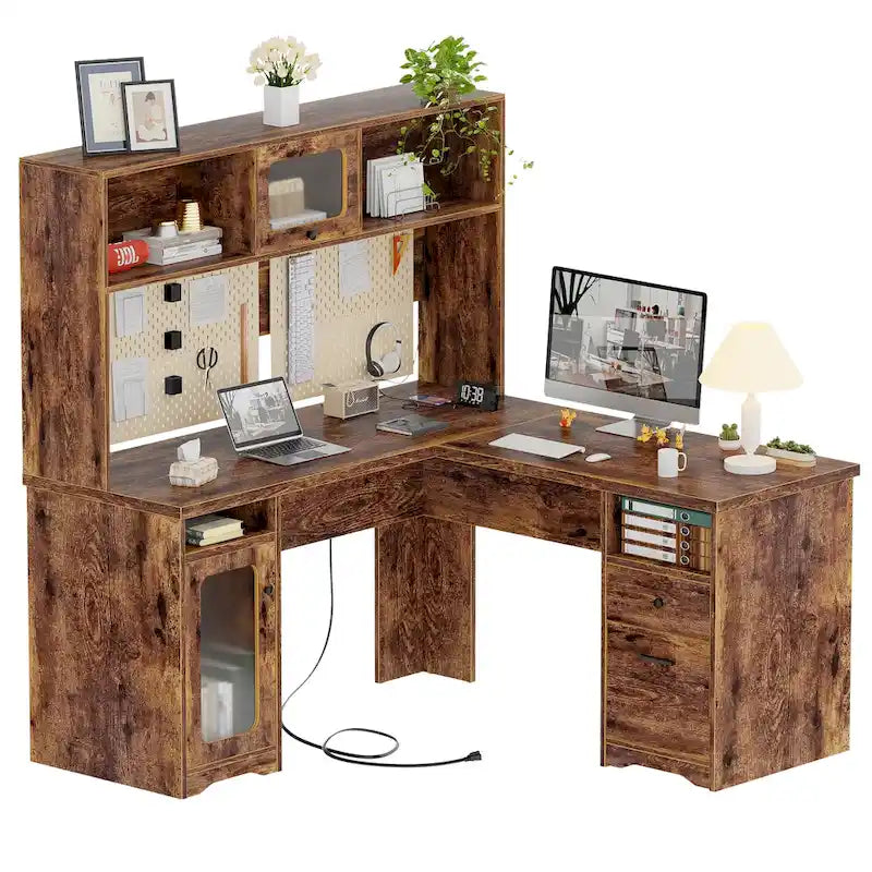 Bureau de direction en L avec caisson supérieur et station de charge
