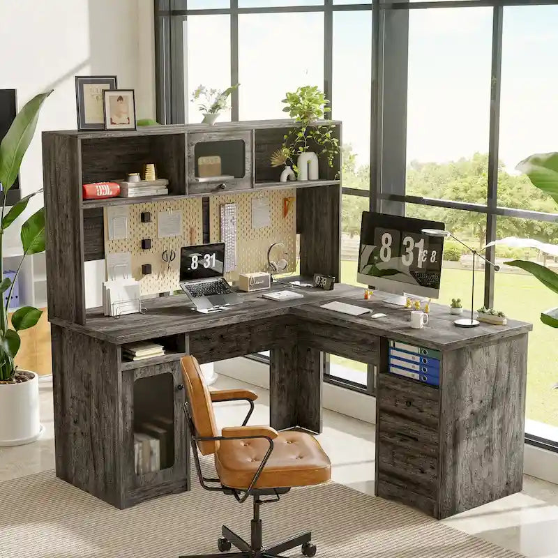 Bureau de direction en L avec caisson supérieur et station de charge