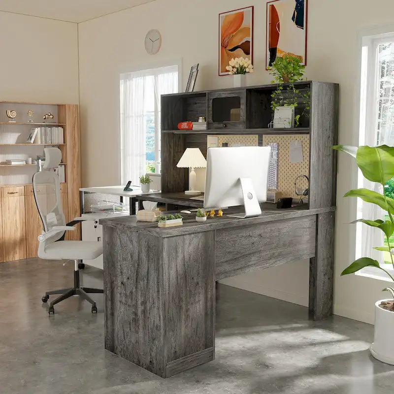 Bureau de direction en L avec caisson supérieur et station de charge
