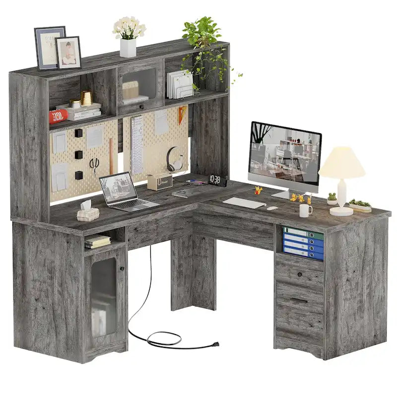 Bureau de direction en L avec caisson supérieur et station de charge